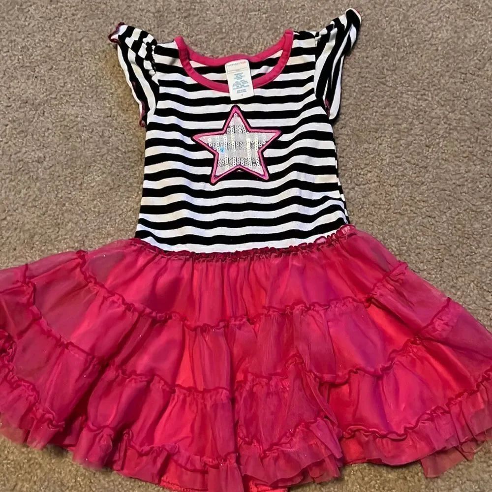 Wonderkids Black and White Striped Top with Pink Ruffle Layered Skirt Dr…